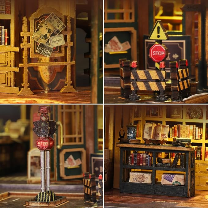Plustopoy DIY Miniature House Kit for Adults, Mini Wooden Dollhouse Kit, Book Shop Tiny House Diorama Building Kits with Light, 3D Wooden Puzzles Bookend Shelf Insert Decor, Creative Craft