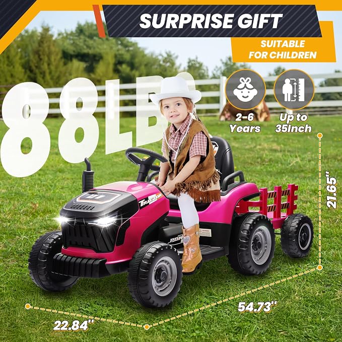 JOYRACER 24V Ride On Tractor for Kids, Electric Ride on Toys w/400W Motors, Tiltable & Detachable Trailer, Adjustable Seat, Bluetooth, Music, Remote Control Electric Tractor for Kids, Pink