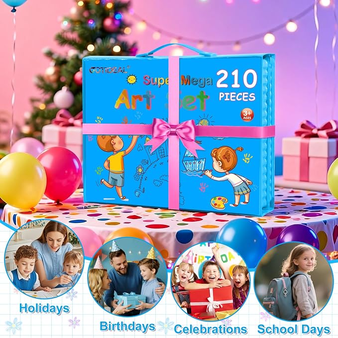 GOTIDEAL Kids Art Set,Art Supplies for Kids,210 PCS Art Kit with Double Sided Trifold Easel,Coloring Book, Crayons, Markers, Watercolor Pens, Arts & Crafts,Gift for 4-12 Year Old (Blue)