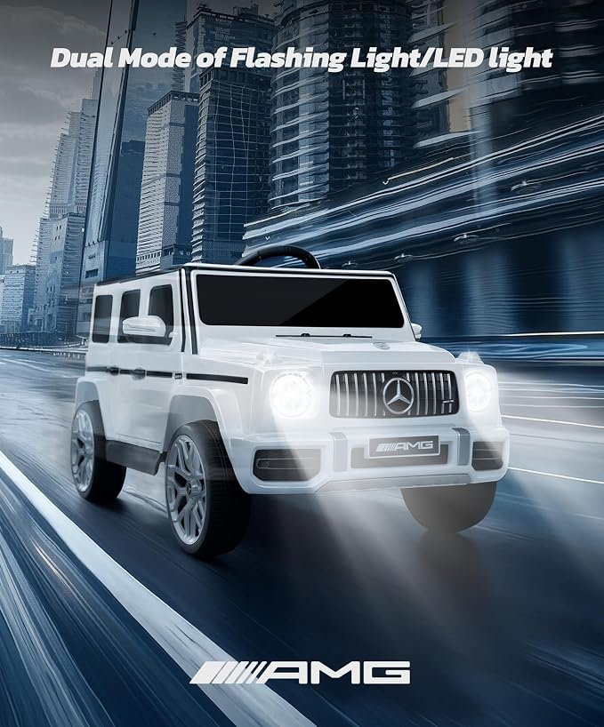 ELEMARA Licensed Mercedes-Benz AMG G63 Ride on Toys,Electric Car for Kids W/Parents Control,Electric Powered G Wagon Ride On Truck Toy,Low Battery Prompt,Bluetooth,Flickering Lights/LED Lights, White