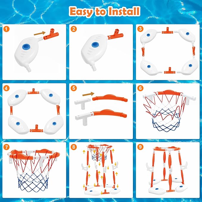 Pool Basketball Hoop, 2-in-1 Floating Pool Toys 360° Shooting Ring Toss Games with 4 Balls 12 Rings & Pump, Indoor Outdoor Swimming Pools Basketball Water Play Toy for 4-8 8-12 Kids Adults