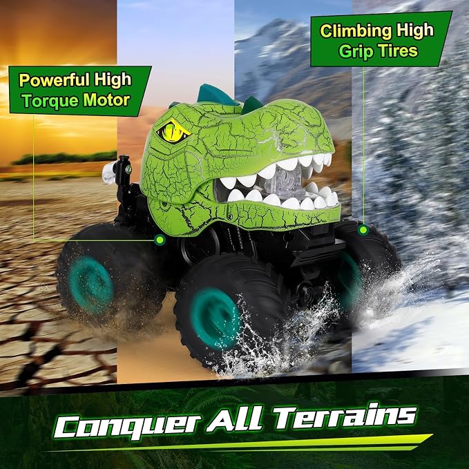 Drefirsa Remote Control Car for Boys Age 4-7 8-12, 50min+ Runtime Dinosaur Monster Truck Toy with Spray, Light, Music, Stunts, Birthday Gift for Boy 3 4 5 6 7 8 9 10 Year Old