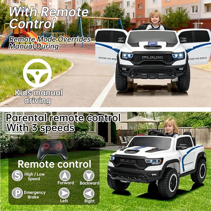 FINITO 4WD Kids 24V 4x4 Kids Ride On 2 Seater Police Truck, Remote Control Ride On Toy Car, Kids' Electric Ride On Truck, Kids' Side by Side Truck for Children Ages 3+, Powered Cars for Kids