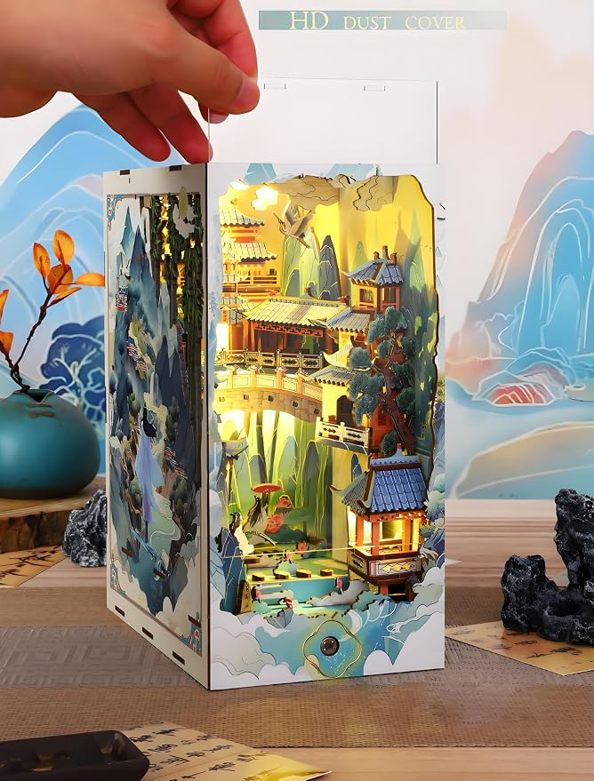 Book Nook Kit for Adults, DIY Dollhouse Booknooks Penglai Wonderland Landscape Decor Chinese Landscapes Bookshelf Insert with Dust Cover LED 3D Wooden Puzzle Assembly Model Creative Gift