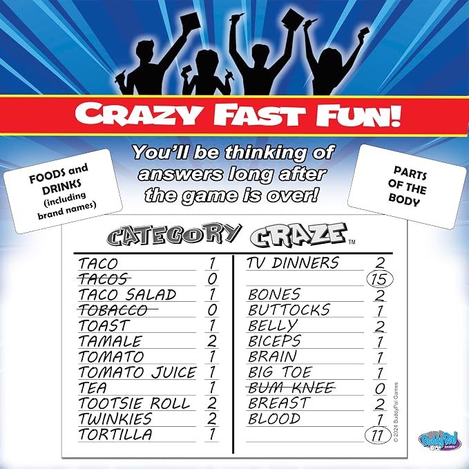 Category Craze - The Simple, Fast-paced, dice-Rolling, Category Card Game for Families or Parties! Ages 12 and up. 2 or More Players or Teams!