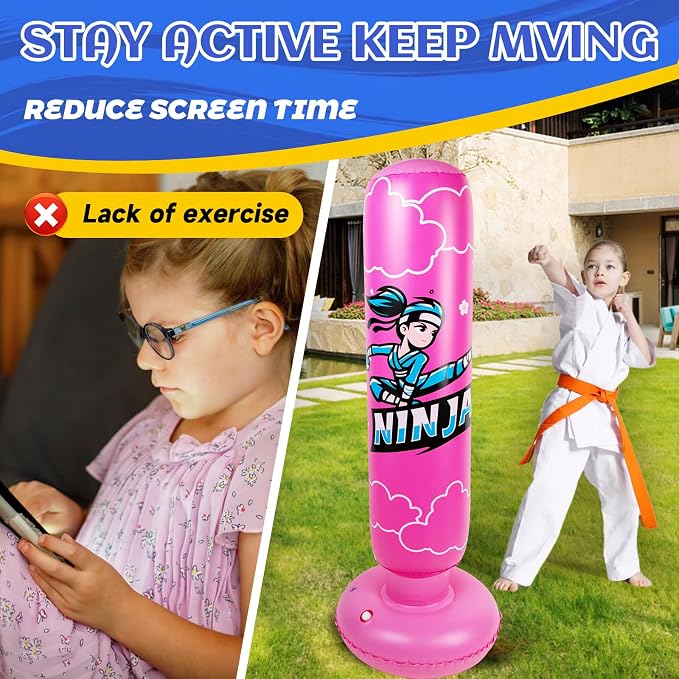 Onirii Kids Inflatable Punching Bag | Large Stable Kids Inflatable Boxing Bag Toy Set with Gloves for Boys & Girls Age 3-12 for Taekwondo,MMA and Practicing Karate