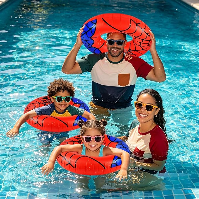 4 Pcs Spider Party Pool Floats, 24 Inch Web Pattern Swim Rings for Kids Ages 5-8 Pool Tube, Inflatable Pool Toys for Hawaiian Luau, Beach, Water Park Fun