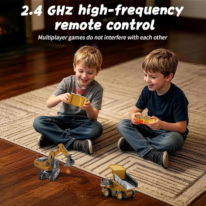 2 PCS Mini Remote Control Construction Vehicle Toy Set 1:64 Excavator and Dump Truck Toy Set with Lights Sounds & Traffic Sign & Construction Site Map Movable Parts GIFS for Kids & Adults