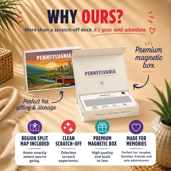 Pennsylvania Bucket List Scratch Off Cards - 40 Adventure Bucket List Cards with Region Split Map, Hidden Gems, Scenic Escapes & Local Favorites - Travel Gift for Couples, Families, Friends & Tourists