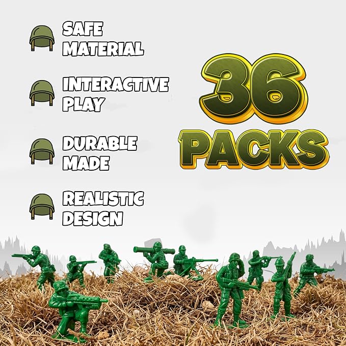 Green Army Men Toy Soldiers (36 Pack) - Classic Military Action Figures for Kids - Plastic Army Toys Set for Battle Play, Party Favors, Cake Toppers & Goodie Bags