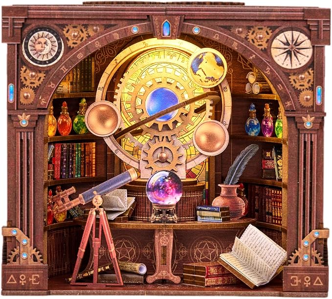 Book Nook Kit, Simple Booknook Bookend, Miniature Dollhouse House Kit | DIY 3D Wooden Puzzle for Beginner, Model Building with LED Light and Dust Cover - Gear and Divination Ball, Science vs Magic