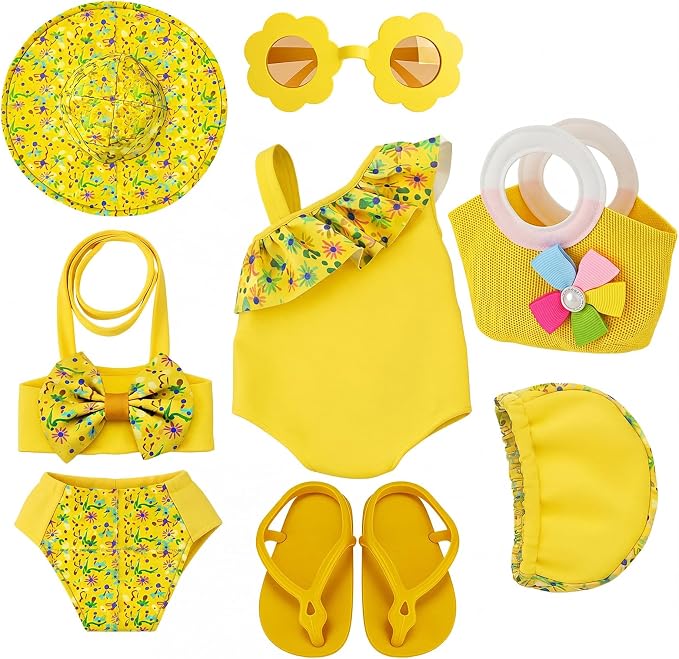 Kajaia 8 Pcs Butter Yellow 18 Inch Doll Clothes and Accessories Doll Swimsuit Dress Flip Flop Hat Outfit Swimsuit Accessories