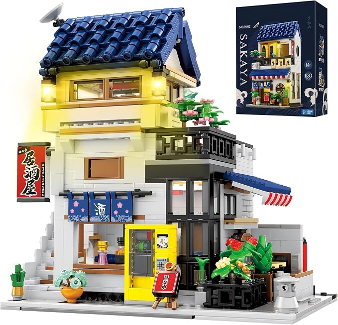 Reobrix Japanese Izakaya Shop Building Blocks, 2-in-1 Modular Street View House with LED Lights, Compatible with Major Brands, 66502 Japanese Architecture Model Kit, Ideal Collectible Gift for Adults