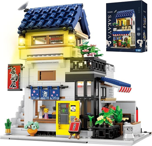 Reobrix Japanese Izakaya Shop Building Blocks, 2-in-1 Modular Street View House with LED Lights, Compatible with Major Brands, 66502 Japanese Architecture Model Kit, Ideal Collectible Gift for Adults