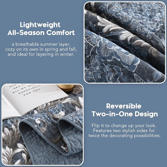 100% Cotton Classic Damask Reversible King Size Quilt Set, Blue & White | Traditional Elegant, Floral Pattern, King Quilt with Shams, Lightweight, Scrollwork, 3 Piece Bedspread, All Season, 106"x98"
