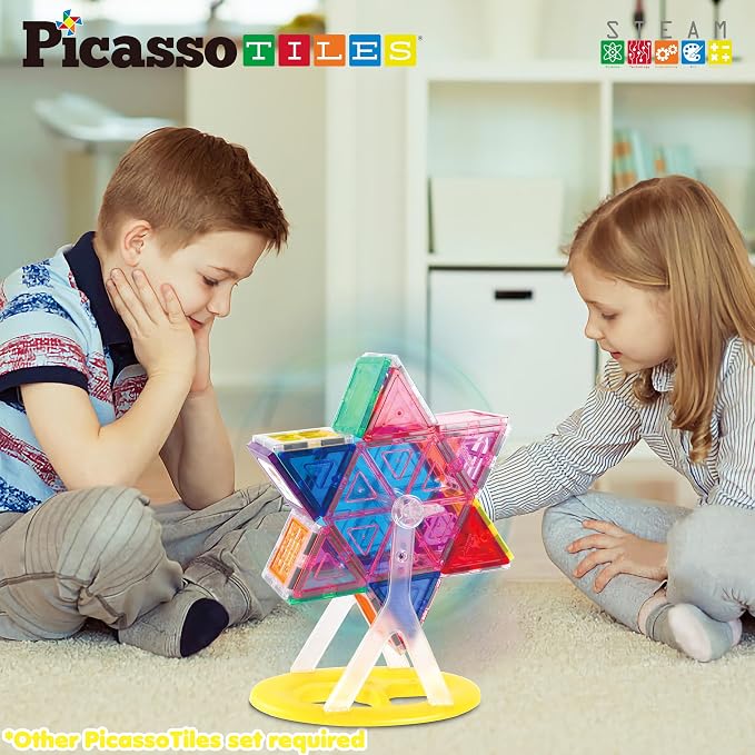 PicassoTiles Magnet Tile Building Blocks Ferris Wheel Amusement Rotating Accessory Kit Compatible with Full Sized Magnetic Tiles Construction Toy Set Education STEM Learning 3D Toddler Kid Age 3+ PT09