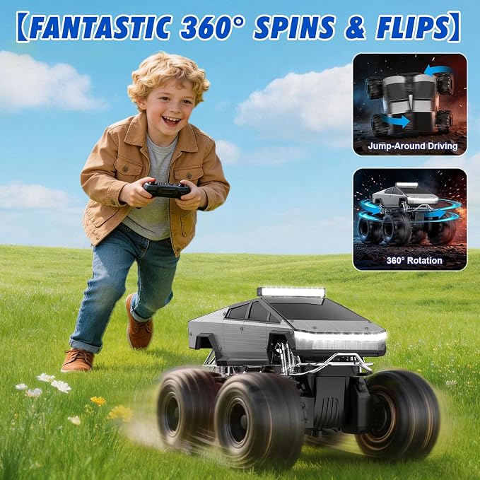 Qrytoi Waterproof Remote Control Car for Boys, 2.4GHz Amphibious RC Car, 1:18 4WD All-Terrain Monster Truck Toy with 360°Rotation and Non-Slip Tires, Toy Gift for Boys and Girls (Grey)