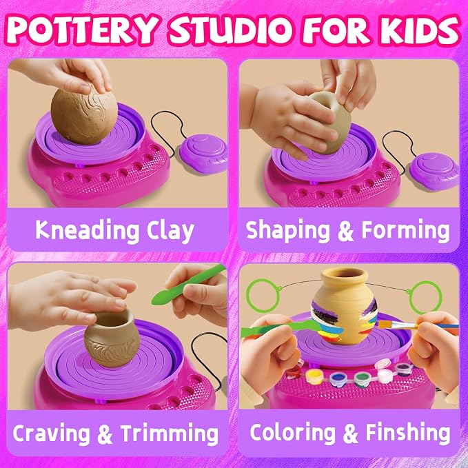 Vinkp Pottery Wheel for Kids - Complete Pottery Painting Kit Arts and Crafts for Kids Ages 8-12 with Air Dry Clay Art Supplies for Girls Boys Toys Birthday Gifts for 6 7 8 9 10 11 12 - Pink