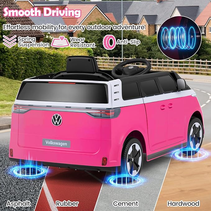 Costzon Ride on Car, 12V Licensed Volkswagen Kids Car Bus with Storage Compartment, Music, Story, Spring Suspension, LED Headlights, Electric Vehicles for Boys Girls Aged 3-7 (Hot Pink)