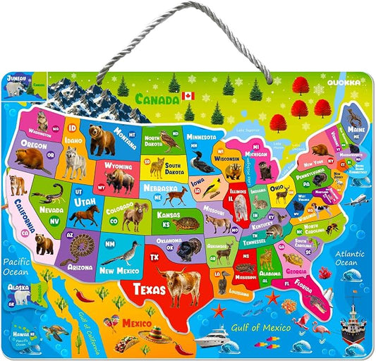 QUOKKA Magnetic Puzzles for Kids Ages 4-6 - Realistic USA Map Puzzles for Toddlers 3-5 - Montessori Educational Toys for 2-4 Years Old - United States Geography Learning Games for Kids 5-8