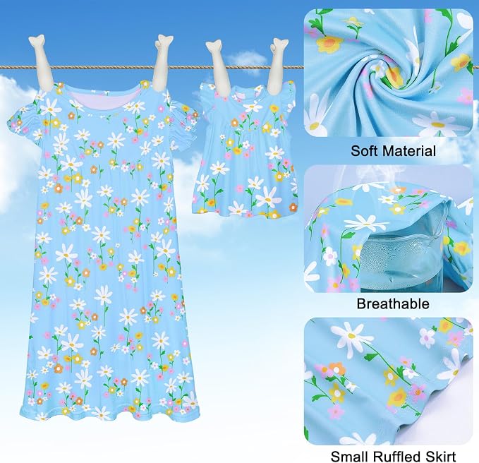 ICOSY Matching Doll & Girls Nightgowns Clothes Girls Pajamas Sleepwear Outfit for Kids and 18" Girl Doll