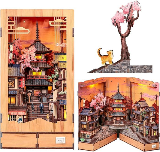 Japanese Book Nook Kit - 3D Wood Puzzles for Adults (Twilight Sakura Path) | DIY Miniature House Kit Bookshelf Diorama Creative Gift for Women