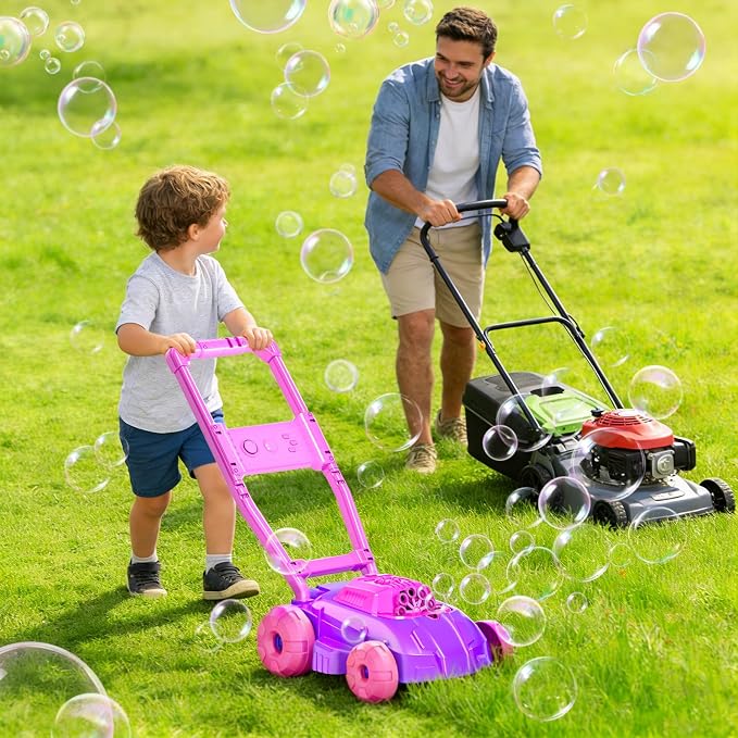Bubble Lawn Mower for Toddlers 1-3, Automatic Bubble Blowing Machine Pretend Summer Gardening Play Bubble Toys for Age 1 2 3 Year Old Boys Girls Indoor Outdoor Use, Pink