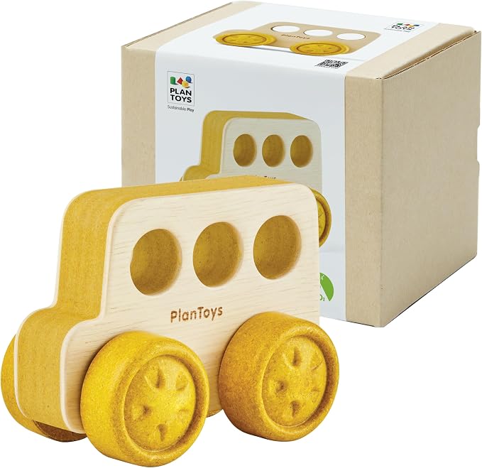 PlanToys® Wooden Timber Trail Bus | Montessori Push and Roll Toy for Fine Motor Skills, Coordination and Cause and Effect Learning | Eco Friendly Toy Vehicle for Imaginative and Active Play