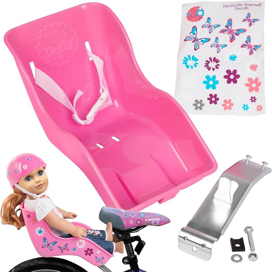 Ride Along Dolly Doll Bicycle Seat - Fits 18-22 inch Dolls & Stuffed Animals - Pink Bike Seat Attachment for Kids' Bicycles with DIY Decorate Yourself Decals - Universal Fit Girls Bike Accessory