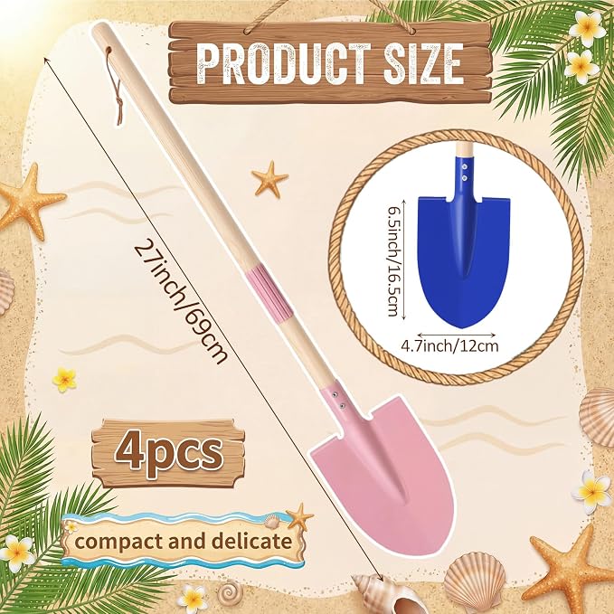 4 Pcs Detachable Kids Beach Shovels, 27" Long Kids Gardening Tools Bulk Metal Sand Shovels with Wooden Handle for Digging Shoveling Sand Snow Gardening Tools Beach Toys Gifts (Blue, Pink)