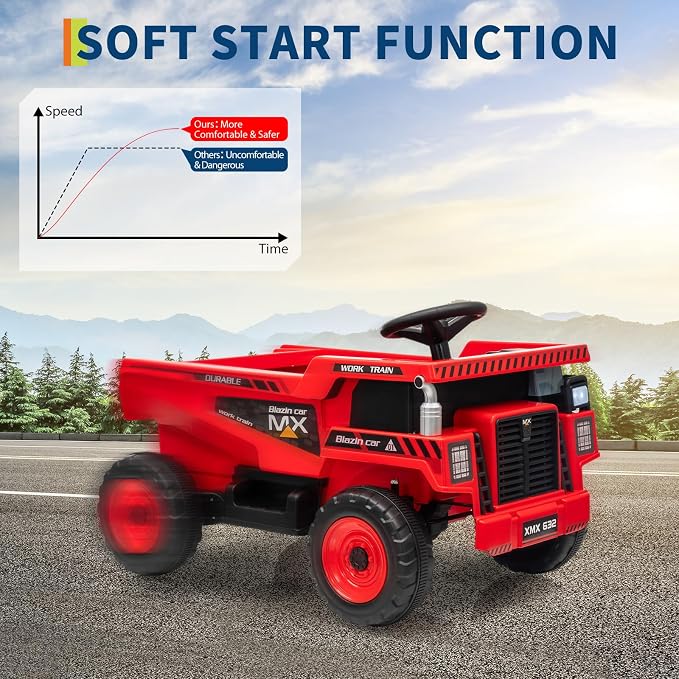 Garvee 12V Ride On Dump Truck for Kids, Ride On Car with Remote Control, Construction Vehicles with Dump Bed & Shovel, Ride-On Toys 16.5 in Spacious Seat, Music, Headlights, Soft Start, Red