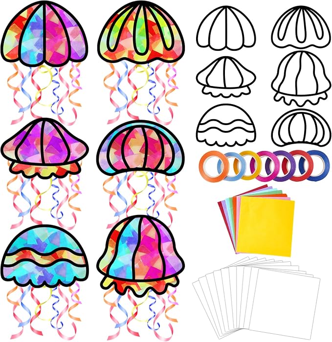 Qyeahkj 36 Set Jellyfish Suncatchers Craft for DIY Ocean Window Tissue Paper Craft Kit Under the Sea Stained Glass Window Ornaments Decoration for Home Art Project Summer Jellyfish Party Favor Gift