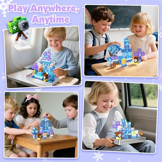 Magnetic Blocks, 45pcs Travel Toys Building Set with Magnetic Tin Box, Transparent & Light Up Magnet Cubes for Blue Snow Castle Build, Princess Toy Birthday Gift for Kid Girl 3+