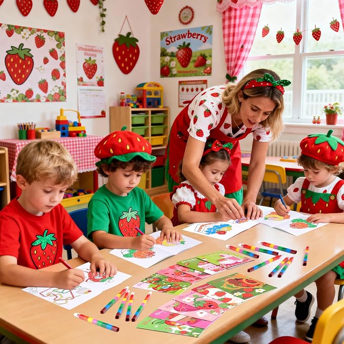 BenLouis 12 Strawberry Mini Coloring Books Kids with 12 Stacking Crayons Berry Party Favors Small Activity Books Bulk for Kids Girl Fruit First Party Gift Goodie Bag Stuffers