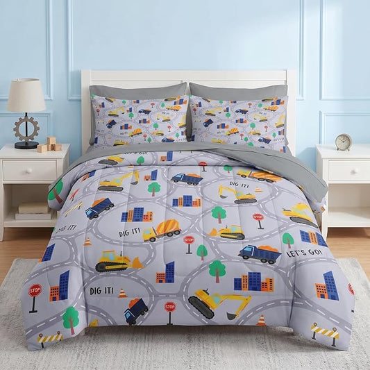 Nesker 7 Pcs Comforter Set Full Size, Construction Vehicles Car Bedding for Kids Teen, Town Tree Truck with Fitted Sheet 2 Pillowcases & 2 Shams for Bedroom Bed Decor