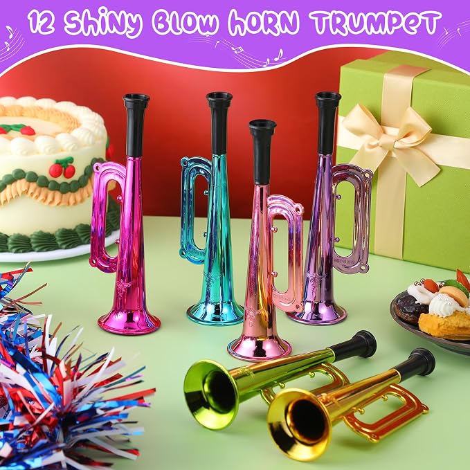 Poen 12 Pcs Toy Trumpet Kids Mini Metallic Trumpet Parties Musical Blow Horn Instruments Plastic Noise Makers for Kids Events Party Favors Music Class Stage Props 7 Inch Easter Day(Colorful)