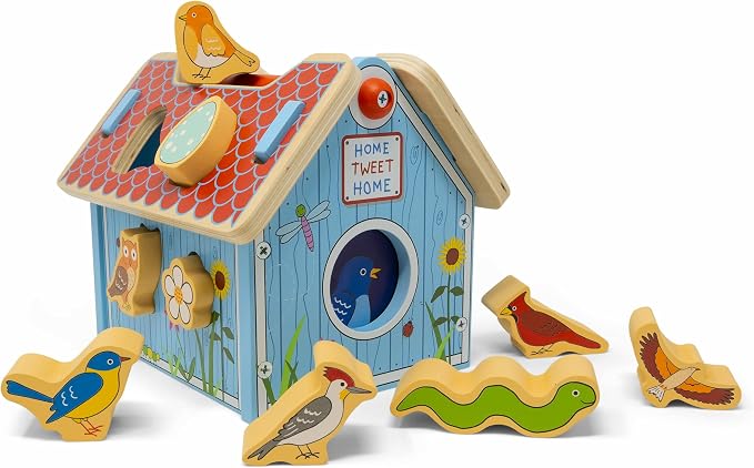 Jack Rabbit Creations Wooden Bird House Shape Sorter – Built-in Handle, Removable Roof – Non-Toxic, Certified Wood – Fine Motor Toddler Toy, Birthday Gift, Ages 18+ Months