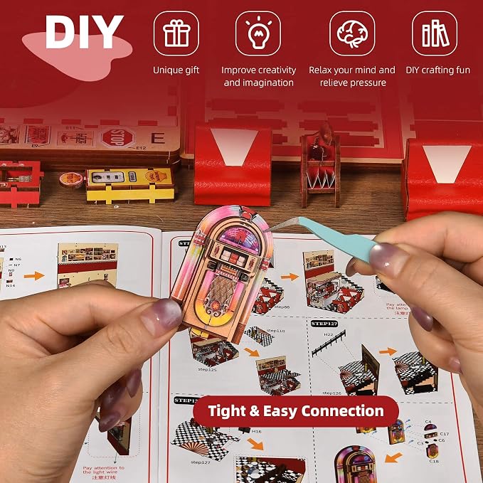 fifijoy Book Nook Kit - DIY Miniature House Kit for Adults, Retro 1950s Diner Tiny House Building Kit with LED, Dollhouse Kit Bookshelf Insert Decor Gifts of Family and Friends (1950s Diner)