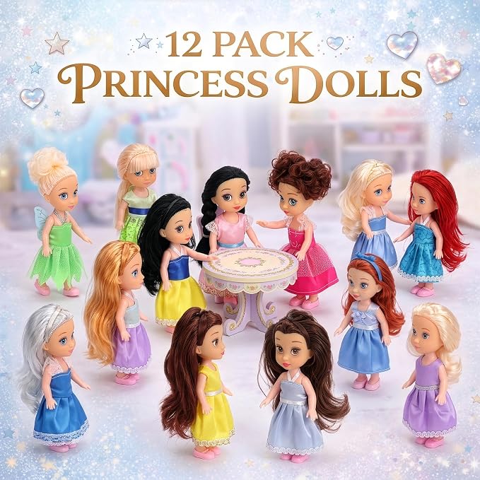 Liberty Imports 12 Pack Little Royal Princess Dolls - Mini Pocket Size Toddler Toys Fantasy Pretend Play Set with Dress, Accessories for Kids, Girls Dollhouse, Party Favors (5-inches)