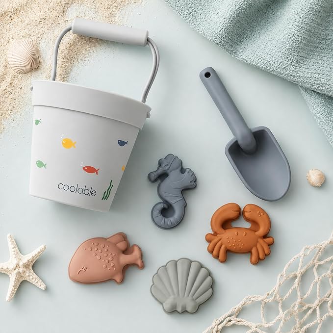 6-Piece Silicone Beach Toys Set for Kids - Foldable Sand Bucket, Shovel, 4 Sand Molds and Mesh Bag - Sea Creatures