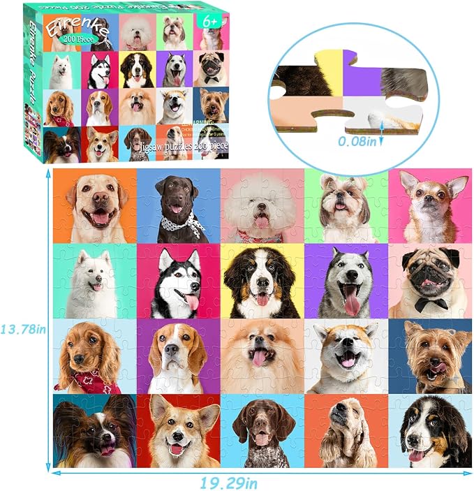 Puzzles for Kids Ages 6-8 Cute Dogs - Multicolor Dogs, 200 Piece Puzzles for Kids Ages 8-10 Year Old Learning Educational Jigsaw Puzzles for Kid Age 6 7 8 9 10 Year Old Toys Dog Gifts