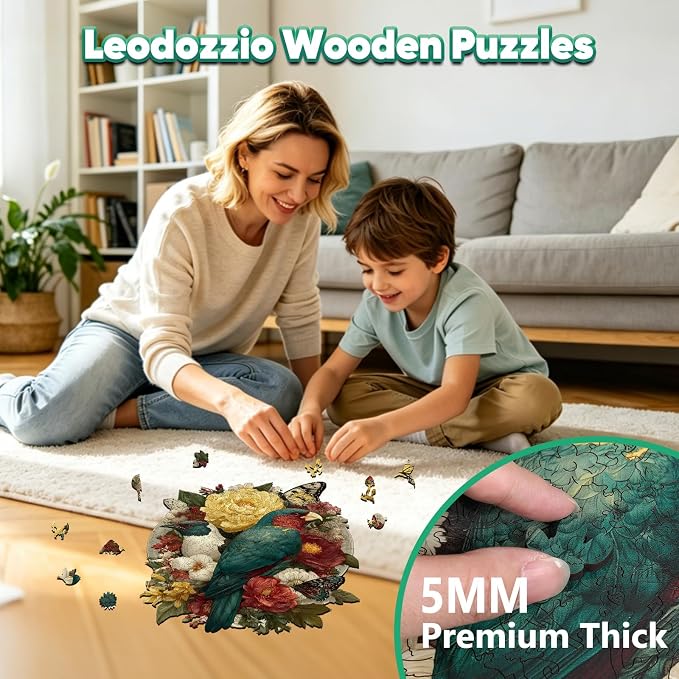 Leodozzio Wooden Puzzles for Adults, Nature Birds Wood Jigsaw Puzzle 200 Pieces, 5mm Thick Unique Shaped Bird Flower Puzzle, Gift for Adults & Family, 9.1 x 11.8 Inch