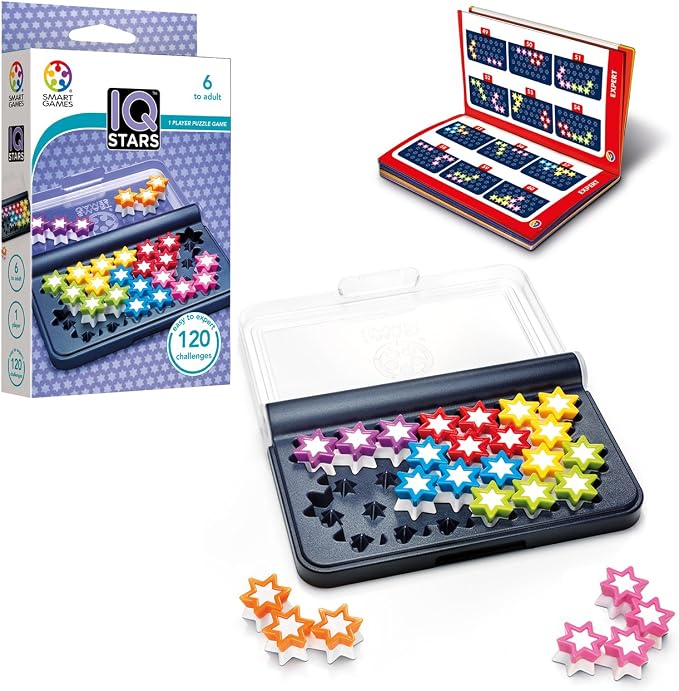 SmartGames IQ Stars, The Entry-Level IQ Game, a Travel Game for Kids and Adults, Skill-Building Brain Game - Brain Teaser for Ages 6 & Up, 120 Challenges in a Travel-Friendly Case.