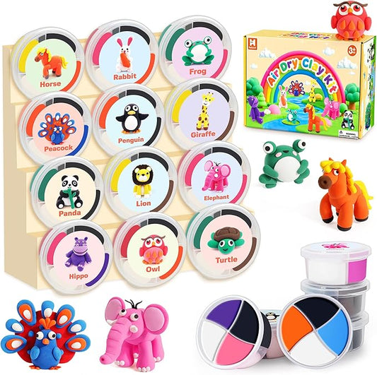 Air Dry Clay Kit for Kids, 12 Animals Modeling Clay for Kids, Molding Clay with Tutorial Cards & Video, 8 Sculpting Tools, Ultra Light, Safe & Non-Toxic, DIY Arts and Crafts Toys Gifts for Boys Girls