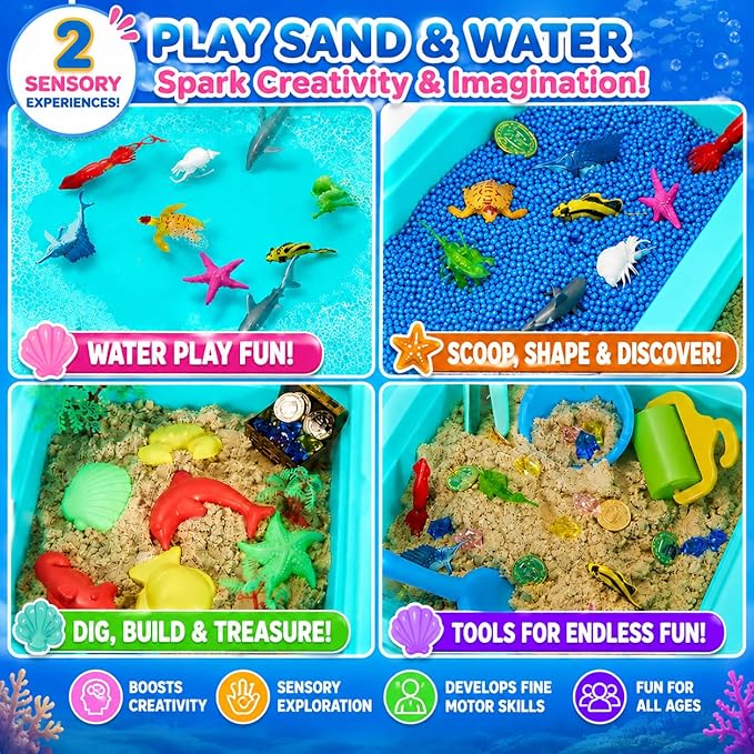 Carolart Ocean Sensory Table with Sands, Bin with Lid, Indoor Outdoor Use, Sand Art Kit for Boys and Girls, Toys for Toddlers Age 3-5, 17x11.5x10.2 Inches