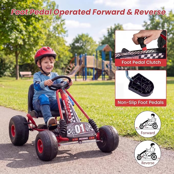 Costzon Pedal Go Kart, 4 Wheel Ride on Toy Pedal Car with Adjustable Seat, Forward/Backward & Handbrake, Outdoor Bicycle Go Cart with Wear-Resistant Wheels, Gift for Boys and Girls (Red)
