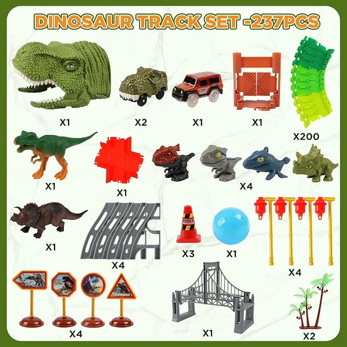 Dinosaur Track Race Car Toys - Birthday Toys Gifts for 3 4 5 6 7 Year Old Boys Girls - Flexible Dinosaur Track Car Set with Light - Create a Dinosaur Adventure World
