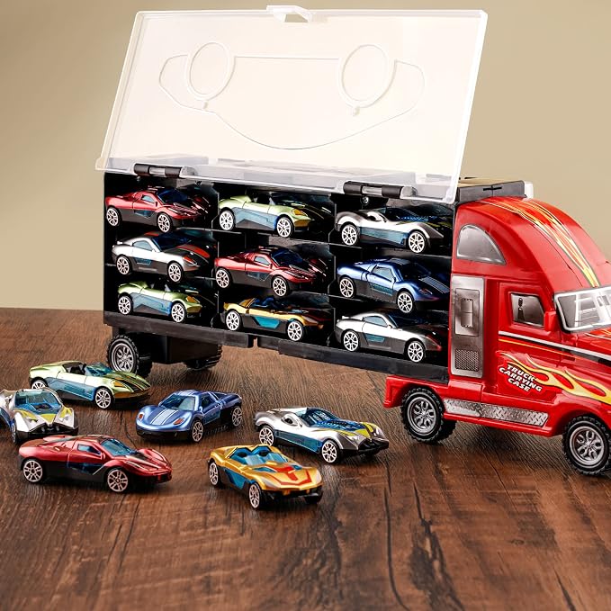 BoomCaCa Toy Truck Transport Car Carrier - 18 Sport Cars in Truck Toys, Toys for Boys and Girls Age 3-10 yrs Old, Ideal Party Christmas Birthday Gift for Kids
