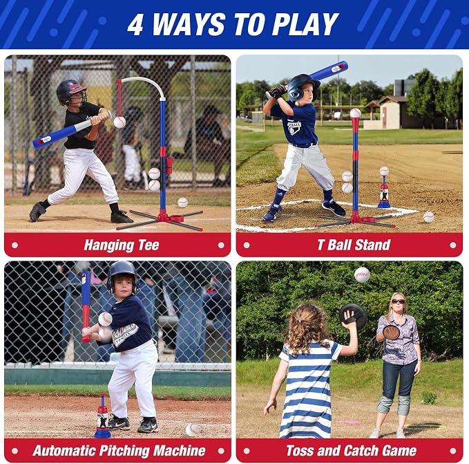 HYES 4 in 1 T Ball Sets for Kids 3-5 with Toss and Catch Ball Set, Hanging Tee Stand with Auto Pitching Machine/ 2 Bats, Indoor Outdoor Toys Birthday Baseball Gifts for Toddler Boys Girls, Blue