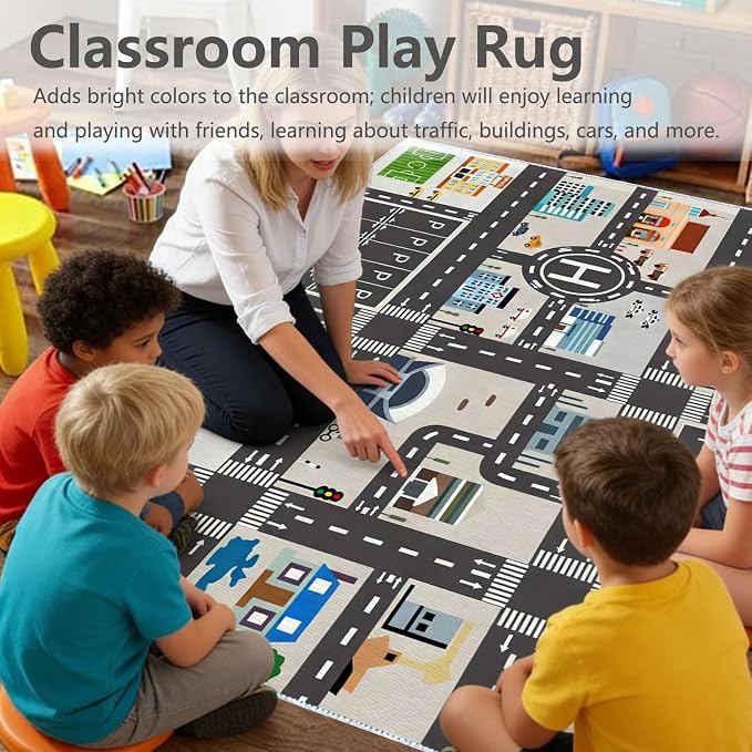 Car Rug Play Mat Road Rug,Kids Carpet Playmat Rugs City Life Great for Playing with Cars and Toys,Children Educational Race Track Rugs with Non-Slip Rubber Backing for Playroom Bedroom Classroom